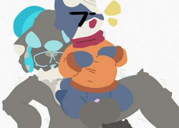 anthro balls blue_body blue_fur blue_tail bulging_stomach duo electronics eye_bags eyes_closed female fur genitals grey_body grey_fur grey_tail half_clothed happy headphones machine male male/female neck_tuft nude open_mouth penis shaking simple_background sitting stylized tail tired tuft twitter_handle white_background the14thuser twitter 14th_user maybelline(cactus_fucker) canid canine fox mammal protogen 2026 absurd_res colored hi_res