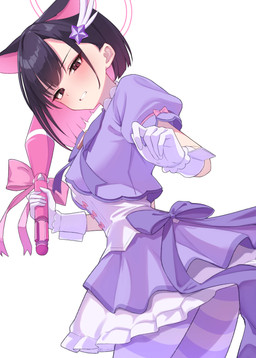 accessory animal_ears black_hair bow_(feature) breasts clenched_teeth clothed clothing cosplay dress embarrassed female glistening glistening_hair gloves hair hair_accessory half-closed_eyes halo handwear holding_object jacket medium_breasts multicolored_clothing multicolored_dress multicolored_hair narrowed_eyes open_clothing open_jacket open_topwear pink_eyes pink_hair purple_clothing purple_jacket purple_topwear short_hair simple_background striped_pantyhose teeth topwear two_tone_clothing two_tone_dress two_tone_hair white_background white_clothing white_gloves white_handwear exiadoon blue_archive nexon kazusa_kyoyama reisa_usawa animal_humanoid cat_humanoid felid felid_humanoid feline feline_humanoid humanoid mammal mammal_humanoid absurd_res hi_res