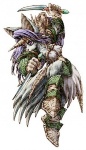 anthro armor dagger dragoon female hair holding_object holding_weapon horn melee_weapon purple_eyes purple_hair solo weapon shinichi_kameoka legend_of_mana mana_(series) square_enix squaresoft sierra_(mana) canid canine mammal official_art