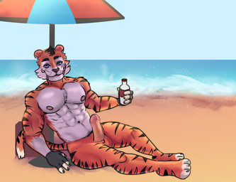 abs anthro balls beach bottle container ear_piercing ear_ring erection genitals glans humanoid_genitalia humanoid_penis male muscular muscular_anthro muscular_male nipples nude parasol penis piercing purple_eyes ring_piercing solo stripes summer tail yandorx908 felid mammal pantherine tiger absurd_res hi_res