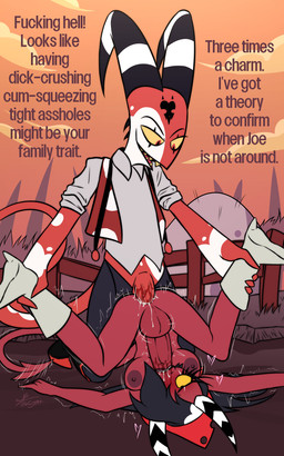 2_horns anal anal_penetration areola autofellatio autofellatio_while_penetrated balls big_penis black_hair blush bodily_fluids boots breasts cis/trans clothing cum cum_in_ass cum_inside dialogue dominant dominant_male duo erection eye_scar eyelashes facial_scar farm footwear genital_fluids genitals gynomorph gynomorph/male gynomorph_penetrated hair hair_over_eye heart_symbol high_heeled_boots high_heels horn intersex intersex/male intersex_penetrated leg_grab male male_penetrating male_penetrating_gynomorph male_penetrating_intersex masturbating_while_penetrated masturbation medium_breasts nipples not_furry nude nude_gynomorph oral oral_masturbation penetration penile penile_masturbation penile_penetration penis penis_in_ass penis_in_mouth penis_in_own_mouth red_body red_eyes red_skin scar sex sharp_teeth shoes spade_tail striped_horn stripes submissive submissive_gynomorph submissive_intersex tail teeth text vein veiny_penis yellow_sclera kojot hellaverse helluva_boss blitzo_(helluva_boss) sallie_may_(helluva_boss) demon demon_humanoid humanoid imp 5:8 absurd_res english_text hi_res trans_(lore) trans_woman_(lore)