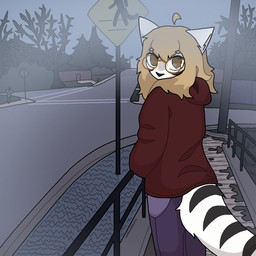anthro black_body black_fur black_stripes blonde_hair blue_bottomwear blue_clothing blue_jeans blue_pants bottomwear brown_eyes building clothing crosswalk dead_tree denim denim_bottomwear denim_clothing eyewear female fog fur glasses grass hair hoodie house jeans leaves_on_ground looking_at_viewer looking_back looking_back_at_viewer mailbox markings outside pants plant red_clothing red_hoodie red_topwear sidewalk solo standing street street_sign striped_body striped_fur striped_markings striped_tail stripes tail tail_markings topwear tree white_body white_fur ashblondekittyy ashlyn_(ashblondekitty) domestic_cat felid feline felis mammal 1:1 trans_(lore) trans_woman_(lore)