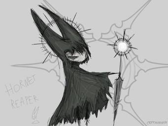 2_horns ambiguous_gender anthro biped black_body black_text cloak clothed clothing holding_melee_weapon holding_object holding_weapon hood horn melee_weapon solo standing text weapon crippmmmw hollow_knight:_silksong hollow_knight_(franchise) team_cherry hornet_(hollow_knight) arthropod 2026 4:3 artist_name english_text hi_res