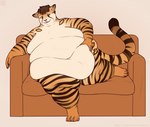 anthro belly big_belly black_body black_fur black_spots black_stripes brown_eyes brown_hair fur furniture hair huge_belly huge_moobs lying lying_on_sofa male moobs morbidly_obese obese on_side on_sofa orange_body orange_fur overweight paws pink_nose short_hair simple_background sofa solo spots stripes tail thick_thighs white_body white_fur aucherr rico_(combatcaracal) cheetah felid feline mammal 2024 hi_res