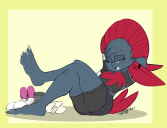 4_toes anthro anthrofied athletic athletic_anthro athletic_female bangs barefoot bedroom_eyes bent_legs biped black_clothing black_gloves black_handwear black_nose black_topwear bodily_fluids bottomwear breasts cheek_tuft claws clothed clothing countershade_feet countershading crop_top crossed_legs cute_fangs dark_eyelids ear_piercing ear_ring eyelashes facial_tuft fangs feet feet_up female finger_claws fingerless_gloves foot_focus footwear forehead_gem freckles fur furgonomics gem gloves hair half-closed_eyes handwear head_tuft humanoid_feet inner_ear_fluff inviting looking_at_viewer medium_breasts midriff miniskirt narrowed_eyes naughty_face neck_tuft open_mouth open_smile piercing plantigrade pokemorph presenting reclining red_eyes red_hair relaxing ring_piercing seductive shirt shoes_removed side_view simple_background skirt smelly smelly_feet smile smiling_at_viewer snaggle_tooth socks socks_removed solo sweat sweaty_feet tail tail_through_skirt tail_tuft teasing teeth text thick_eyelashes three-quarter_view toe_claws toes topwear torn_clothing torn_shirt torn_topwear tuft white_claws lefcoyto nintendo pokemon fan_character fang_the_weavile generation_4_pokemon mammal pokemon_(species) weavile 2020 digital_drawing_(artwork) digital_media_(artwork) hi_res signature