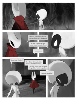 anthro biped black_body black_eyes cave cloak clothing detailed_background dialogue duo empty_eyes eye_contact female female_anthro female_humanoid hornet's_needle looking_at_another mouthless red_cloak red_clothing speech_bubble talking_to_another text white_body white_eyes darkdog hollow_knight:_silksong hollow_knight_(franchise) team_cherry hornet_(hollow_knight) lace_(hollow_knight:_silksong) arthropod humanoid 2025 absurd_res comic digital_drawing_(artwork) digital_media_(artwork) english_text hi_res