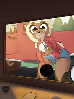 anthro antlers big_breasts blonde_hair boots bottomwear breasts brown_body brown_eyes brown_fur clothing curvy_figure female flannel footwear forest fur hair holding_object horn larger_female outside plant shoes shorts size_difference smile solo tall text thick_thighs tree truck vehicle wide_hips window guak nora_ashford deer mammal moose new_world_deer 3:4 absurd_res comic hi_res