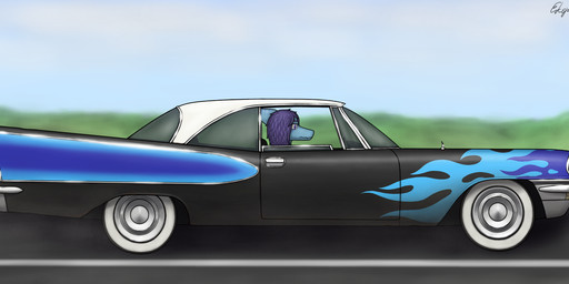 anthro black_car blue_body car classic_car day detailed_background driving dust hair long_hair male retro_car road solo text vehicle ekspie-a01 chrysler chrysler_windsor john_(ekspie-a01) prehistoric_species pterosaur reptile scalie artist_name digital_drawing_(artwork) digital_media_(artwork) hi_res