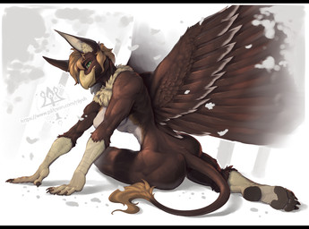 anthro back_wings beak black_bars claws feet female foot_focus fur hair humanoid_feet looking_at_viewer nude pawpads paws plantigrade smile soles solo tail toes wings kredri avian bird letterbox
