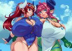 big_breasts blue_eyes breasts cleavage clothed clothing curvy_figure duo female green_body hair horn huge_breasts navel_outline pink_hair red_hair smile tan_body top_heavy voluptuous wide_hips eigaka mythology nina_(eigaka) animal_humanoid dragon dragon_humanoid horned_humanoid humanoid mythological_creature mythological_scalie scalie 2023 hi_res