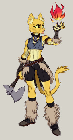5_fingers anthro axe blep boots brown_pawpads claws clothed clothing countershade_fur countershading elemental_manipulation female finger_claws fingers fire fire_manipulation footwear fully_clothed fur holding_object holding_weapon magic melee_weapon pawpads pink_nose shoes solo tongue tongue_out weapon yellow_body yellow_fur yellow_sclera makkon bethesda_game_studios microsoft oblivion prequel_adventure the_elder_scrolls katia_managan felid khajiit mammal 2016 hi_res