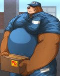 2022 4:5 anthro bear belly blue_clothing blue_headwear blue_topwear box brown_arms brown_body brown_fingers brown_fur brown_hands clothed clothing container fingers fully_clothed fur headgear headwear hi_res holding_box holding_container holding_object japanese_text male mammal nullraihigi overweight overweight_anthro overweight_male solo text topwear translation_request