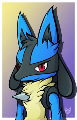 ambiguous_gender anthro arm_tuft biped black_body black_fur black_inner_ear black_markings blue_body blue_fur border chest_spike chest_tuft ear_tuft elbow_tuft facial_markings fluffy fur gradient_background hair head_markings head_tuft kemono long_hair looking_at_viewer markings multicolored_body multicolored_fur neck_tuft pupils red_eyes simple_background slim small_waist smile smiling_at_viewer smirk smirking_at_viewer snout solo spikes spikes_(anatomy) tan_body tan_fur toony tuft two_tone_body two_tone_fur white_border aiex571 nintendo pokemon canid canine generation_4_pokemon lucario mammal pokemon_(species) 2021 absurd_res cel_shading colored digital_drawing_(artwork) digital_media_(artwork) half-length_portrait hi_res icon portrait shaded signature watermark