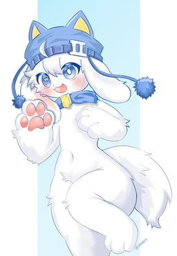 3_toes ambiguous_gender big_feet blue_clothing blue_eyes blue_headwear blush blush_lines chibi clothing cute_fangs deep_navel fangs feet femboy fur headgear headwear kemono navel one_leg_up open_mouth open_smile pupils raised_leg roman_numeral roman_numeral_pupils smile teeth toes white_body white_fur white_pupils seolpi2 lagomorph leporid mammal rabbit absurd_res hi_res