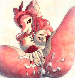 after_sex ahegao anthro aroused black_horn black_sclera bodily_fluids breast_squish breasts clitoral clitoral_masturbation close-up cum cum_drip cum_in_ass cum_in_vagina cum_inside dripping ear_piercing ear_ring ejaculation expansion eye_roll female fingering fingering_self fingernails fingers fur genital_close-up genital_fluids genitals gold_(metal) gold_ear_ring gold_jewelry hair hand_on_vulva horn jewelry long_hair looking_pleasured lying masturbation nails nipples on_back open_mouth orange_eyes piercing pink_body pink_fur pink_hair pink_nipples pink_nose pink_vulva pose ring_piercing simple_background solo split_color spread_legs spreading squeezing squish tongue tongue_out touching_chest vaginal vaginal_fingering vaginal_masturbation vulva vulva_close-up white_background white_body white_fur yellow_body yellow_eyes yellow_fur rispi mythology dragon mammal mythological_creature mythological_scalie scalie digital_media_(artwork) hi_res pinup