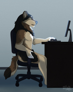 5_fingers anthro athletic athletic_anthro athletic_male biped black_body black_claws black_fur black_nose black_pawpads brown_body brown_fur casual_nudity chair cheek_tuft chest_tuft claws computer_keyboard computer_monitor computer_mouse desk dipstick_tail ears_back facial_tuft finger_claws fingers fluffy fluffy_tail fur furniture indoor_nudity inner_ear_fluff inside logo male male_anthro mane markings multicolored_body multicolored_fur nude nude_anthro nude_male nudist office office_chair on_chair parted_lips pawpads pivoted_ears pose side_view sitting sitting_at_desk snout solo table tail tail_markings tan_body tan_fur text tuft white_body white_fur white_markings yellow_eyes palecarrot_(artist) mythology celestialwolf lazywolf wagwolftail canid canine canis mammal mythological_canine mythological_creature werecanid werecanine werecreature werewolf wolf 2021 artist_logo artist_name dated digital_drawing_(artwork) digital_media_(artwork) english_text full-length_portrait handwritten_text hi_res portrait shaded soft_shading