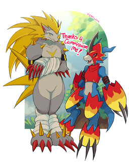 anthro armor bandage blue_body blue_eyes claws duo fur grey_body grey_fur hair headgear helmet male orange_hair red_eyes spiky_hair pirruwan bandai_namco digimon digimon_(species) filmon flamedramon scalie absurd_res hi_res