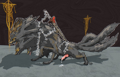 3_heads 3_tails 6_legs animal_genitalia animal_penis balls banner bodily_fluids canine_genitalia canine_penis chain cum cum_drip cum_on_ground dripping ejaculation erection fangs feral fur genital_fluids genitals glowing glowing_eyes gold_(metal) gold_jewelry grey_body grey_fur jewelry knot knotted_penis leaking_cum looking_at_viewer male melee_weapon multi_head multi_tail one_leg_up open_mouth paws penis presenting presenting_penis raised_leg raised_paw side_view simple_background smile solo standing sword sword_on_back tail teeth tongue tongue_out toony weapon hotdogmeat elden_ring elden_ring_nightreign fromsoftware gladius_(nightreign) canid canine canis mammal wolf 2025 absurd_res digital_media_(artwork) hi_res huge_filesize