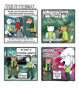 angry anthro big_head blue_hair clothed clothed_anthro clothed_female clothed_male clothing dialogue female fully_clothed fully_clothed_anthro fully_clothed_female fully_clothed_male fur gesture greeting group hair hand_gesture inside joint male orange_body orange_fur outside plant pointing pointing_at_another pond safety_vest standing tail text topwear tree trio vest white_body white_fur working hieronymusjohnson kilo_(hieronymusjohnson) squeez_(hieronymusjohnson) canid canine canis domestic_dog fox mammal nordic_sled_dog samoyed spitz 2026 aliasing binary_drawing comic digital_drawing_(artwork) digital_media_(artwork) english_text hi_res