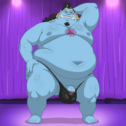 anthro belly blue_body bulge clothing flaccid foreskin fupa genitals male moobs navel nipples overweight overweight_male penis penis_poking_out pose solo thong tusks underwear bobbellyboy one_piece jinbe aquatic fish-men_(one_piece) 1:1 hi_res