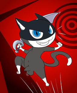 abstract_background anthro balls black_body black_fur blue_eyes chest_tuft chibi fangs flaccid foreskin fur genitals gesture hand_gesture jumping long_foreskin looking_at_viewer male markings mask mask_only melee_weapon multicolored_body multicolored_fur nude pawpads penis smooth_foreskin solo sword tail tail_markings teeth thumbs_up tuft two_tone_body two_tone_fur unretracted_foreskin weapon white_body white_fur darkajugin atlus megami_tensei persona_(series) persona_5 sega morgana_(persona) domestic_cat felid feline felis mammal tuxedo_cat 5:6 hi_res