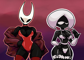 anthro biped bra breasts cleavage clothed clothing contrapposto duo fanning fanning_self female garter_belt garter_straps gradient_background hand_on_hip jacket lace_bra legwear leotard lingerie looking_at_viewer one_eye_closed simple_background thigh_highs topwear underwear mc_is_here hollow_knight:_silksong hollow_knight_(franchise) team_cherry hornet_(hollow_knight) lace_(hollow_knight:_silksong) arachnid arthropod spider hi_res portrait three-quarter_portrait