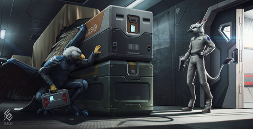anthro beak black_beak blue_clothing blue_suit box clothed clothing container crate crouching door duo feathered_wings feathers grey_body grey_feathers gun holding_case holding_gun holding_object holding_ranged_weapon holding_weapon inside logo male male_anthro open_mouth ranged_weapon red_eyes standing suit tail tail_feathers tail_tuft text tuft weapon white_body white_clothing white_feathers white_suit wings yellow_eyes cereus93 avian artist_logo artist_name hi_res