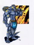 2010 abs anthro athletic biceps big_muscles biped blue_body blue_nipples blue_skin bottomwear claws clothed clothing club_(weapon) dragon fangs loincloth looking_at_viewer male markings melee_weapon muscular muscular_anthro muscular_male mythological_creature mythological_scalie mythology nipples pecs pose reptile scales scalie solo spots standing tail teeth toe_claws topless weapon wolfgangcake yellow_body yellow_eyes yellow_skin