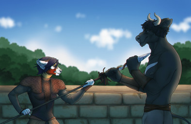 5_fingers anthro black_hair blue_eyes breasts curved_horn day detailed_background duo female fingers hair holding_object holding_weapon horn low_wall male melee_weapon nipples outside polearm sky spear weapon rayley canid canine mammal 2015 digital_media_(artwork)