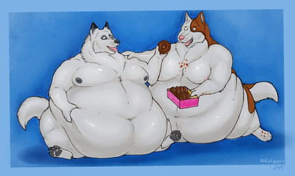 anthro belly big_butt butt chubby_cheeks dessert doughnut duo feederism food food_fetish holding_food holding_object male male/male morbidly_obese obese overweight overweight_anthro overweight_male pastry shepherd kolejarz245 oleg_(kolejarz245) canid canine canis domestic_dog herding_dog husky mammal nordic_sled_dog pastoral_dog spitz wolf hi_res