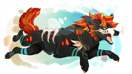 ambiguous_gender black_body black_fur black_nose detailed_background feral fur hair open_mouth orange_hair paws quadruped solo teeth tongue maplespyder canid canine mammal 2015 digital_media_(artwork)