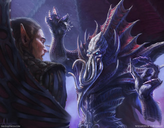 4_fingers ambiguous_gender blue_eyes bodily_fluids bound brown_hair duo face_tentacles fingers hair humanoid_pointy_ears male not_furry open_mouth pointy_ears purple_body surprised sweat tentacle_mouth tentacles text david_astruga hasbro magic:_the_gathering wizards_of_the_coast elf humanoid mind_flayer 2022 digital_media_(artwork) hi_res official_art url