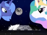 blue_eyes blue_hair challenge_accepted checkerboard_(object) chess crown duo female feral gaming hair headgear horn moon multicolored_hair princess purple_eyes rainbow_hair royalty space farvei friendship_is_magic hasbro my_little_pony mythology princess_celestia_(mlp) princess_luna_(mlp) equid equine horse mammal mythological_creature mythological_equine pony unicorn 4:3 meme sibling_(lore) sister_(lore) sisters_(lore)