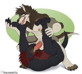 abs anthro balls claws duo feet foot_lick genitals legs_up licking lying male male/male muscular nude on_back open_mouth oral tongue tongue_out spelunker_sal tagg tiberius_thicktail canid canine canis hybrid mammal mustelid otter scalie wolf hi_res