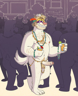 anthro areola arm_hair backsack balls barefoot beaded_clothing beaded_jewelry beads beverage biped body_hair building butt chest_hair claws crowd drinking_straw erection feathers feet foreskin genitals glass group hair half-closed_eyes happy_trail jewelry leg_hair lime_slice looking_at_viewer male male_anthro mask narrowed_eyes navel nipples nude_anthro nude_male open_mouth open_smile outside party penis plant pubes shrub smile solo_focus standing tan_hair white_body nardodraws avian canid canine canis domestic_dog mammal 2026 halftone hi_res signature