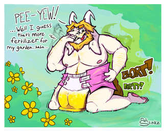 abdl anthro beard blonde_hair bodily_fluids clothed clothing diaper facial_hair fart fart_cloud feces floppy_ears flower fluffy fur garden genital_fluids grass green_fart_cloud hair horn male moobs nipples outside overweight overweight_male pink_diaper plant shrub smelly soiled_diaper soiling solo sound_effects stink_fumes text tongue tongue_out unclean_diaper urine used_diaper using_diaper wearing_diaper wet_diaper wetting wetting_diaper white_body white_fur yellow_flower slinkzstinkz undertale undertale_(series) asgore_dreemurr bovid caprine goat mammal english_text