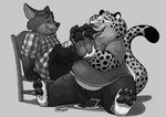 anthro big_cheeks bottomwear chair chubby_cheeks clothing dessert duo eyes_closed feet food food_fetish food_play foot_fetish foot_lick foot_play furniture humanoid_hands licking male male/male overweight overweight_male pants pastry pie shirt sitting tickling tongue tongue_out topwear dj-rodney disney zootopia benjamin_clawhauser gideon_grey canid canine cheetah felid feline fox mammal red_fox true_fox 2017 monochrome