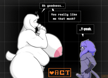 anthro big_breasts black_body black_fur blush breasts dialogue duo erection female fur genitals grey_body grey_fur hair huge_breasts humanoid_genitalia humanoid_penis imminent_sex larger_female male multicolored_body multicolored_fur nipples nude nude_anthro nude_female nude_male overweight overweight_anthro overweight_female penis pink_nipples purple_hair size_difference smaller_male speech_bubble tail text thick_thighs two_tone_body two_tone_fur white_body white_fur mklancer00 undertale_(series) linhe_(mklancer00) toriel boss_monster_(undertale) bovid caprine felid goat lion mammal pantherine 2026 absurd_res english_text hi_res