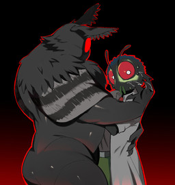 antennae_(anatomy) black_body bodily_fluids clothing coat gradient_background male male/male red_eyes simple_background size_difference standing sweat topwear lyamsparkle epic_games fortnite arthropod insect lepidopteran moth digital_drawing_(artwork) digital_media_(artwork) hi_res