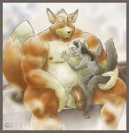 anthro balls biped border bulge duo flaccid genitals larger_male licking male male/male musclegut muscular nipples orange_border penis size_difference smaller_male steam tail tongue tongue_out gtskunkrat juano nintendo star_fox fox_mccloud ziude_(character) canid canine canis fox mammal wolf