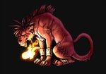 ambiguous_gender black_background bracelet brown_hair claws ear_piercing ear_ring eyrri felid feral final_fantasy final_fantasy_vii fire flaming_tail fur hair jewelry male_(lore) mammal piercing red_body red_fur red_xiii ring_piercing simple_background solo square_enix tail tattoo yellow_eyes