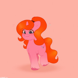 adolescent black_hair_tie blue_eyes blush closed_smile cutie_mark eyelashes feathering female female_feral feral fur hair heart_symbol hooves horn light long_mane long_tail looking_at_viewer mane mouth_closed orange_mane orange_tail pink_body pink_fur ponytail quadruped simple_background smile smiling_at_viewer solo tail tan_background text unguligrade walking young young_female young_feral starburst_uwu hasbro my_little_pony mythology dazha fan_character equid equine mammal mythological_creature mythological_equine unicorn 1:1 2024 absurd_res artist_name colored digital_drawing_(artwork) digital_media_(artwork) english_description full-length_portrait hi_res lighting portrait shaded