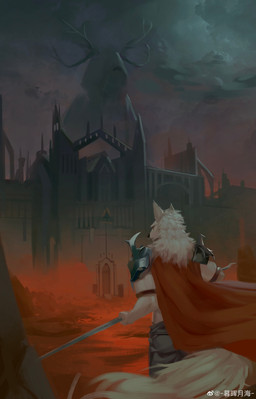anthro armor bottomwear building cape clothed clothing cloud fur grey_bottomwear grey_clothing grey_pants holding_object holding_weapon male male_anthro mouth_closed outside pants rear_view red_cape red_clothing red_eyes sky solo standing tail weapon weibo_logo white_body white_fur white_tail awaldkize weibo canid canine mammal absurd_res hi_res