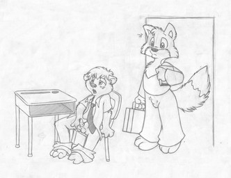 3_toes 4_fingers age_difference animal_genitalia animal_penis anthro ball_fondling balls barefoot book bottomwear bottomwear_down briefcase bulge caught_in_the_act chair classroom clothed clothing desk dipstick_tail door duo erection feet fingers fluffy fluffy_tail fondling furniture genitals half-closed_eyes holding_book holding_object humanoid_genitalia humanoid_penis inside looking_pleasured male markings narrowed_eyes necktie on_chair open_clothing open_mouth open_shirt open_topwear pants pants_down partially_clothed penis reclining school school_uniform sheath shirt simple_background sitting small_penis student surprised table tail tail_markings teacher teacher_and_student tenting toes topwear uniform voyeur walk-in white_background young young_anthro mizzyam bear canid canine fox mammal absurd_res graphite_(artwork) greyscale hi_res monochrome traditional_media_(artwork)