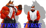 5_fingers anthro badge belt big_muscles bottomwear clothing eyewear fingers glasses grin hand_on_hip huge_muscles hyper hyper_muscles looking_at_viewer male muscular muscular_anthro muscular_male necktie pants simple_background smile solo suit text torn_clothing white_background fierglief tyrse canid canine fox mammal red_fox true_fox 2015