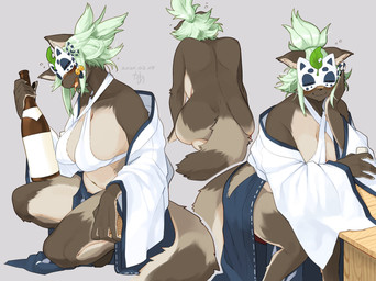 alcohol anthro beverage big_breasts big_butt bikini bikini_top black_nose blush bottle bottomwear breasts brown_body brown_fur bubble butt cleavage clothed clothing container crouching drunk drunk_bubble female front_view fully_clothed fur green_hair grey_background hair holding_bottle holding_container holding_object inner_ear_fluff kemono leaf loincloth looking_at_viewer mask masked_tankui_(kame_3) mature_female multicolored_body multicolored_fur multicolored_tail nude open_mouth open_smile ponytail rear_view robe sake short_ponytail side_boob side_view simple_background sitting skimpy smile solo substance_intoxication swimwear tail tan_body tan_fur tuft two-piece_swimsuit white_clothing kame_3 masked_tanuki_(kame_3) canid canine mammal raccoon_dog tanuki 2020 hi_res multiple_scenes