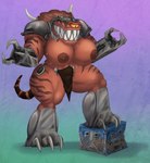 bared_teeth big_breasts big_teeth bodily_fluids bottomwear breasts clothed clothing crossgender cybernetics extreme_size_difference fangs female foot_crush horn huge_breasts hyper loincloth machine metal_box metal_claws muscular muscular_female not_furry shoulder_armor simple_background size_difference solo sweat sweatdrop sweaty_breasts sweaty_legs sweaty_thighs tail teeth thick_thighs topless deermary duke_nukem_(series) cycloid_emperor alien cyclops humanoid 2025 absurd_res colored digital_drawing_(artwork) digital_media_(artwork) hi_res portrait shaded