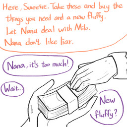 5_fingers ambiguous_gender ambiguous_human banknote bodily_fluids clothed clothing color_coded_text dialogue duo fingers human_only money not_furry orange_text purple_text sweat text yellowcottoncandy030 fluffy_pony human mammal 1:1 2025 digital_drawing_(artwork) digital_media_(artwork) english_text hi_res