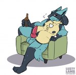 alcohol anthro balls beer belly beverage big_belly blue_body blue_fur erection fur genitals grey_body grey_fur greying_hair knot lounging male nude penis red_eyes solo tail conditional_dnp lustylamb nintendo pokemon generation_4_pokemon lucario pokemon_(species) hi_res