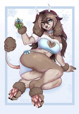 anthro blue_clothing blue_panties blue_underwear blush breasts brown_body brown_fur brown_hair butt christmas_clothing claws clothing collar crop_top female fur hair heart_cutout heterochromia holding_mistletoe holidays horn inviting long_ears long_hair looking_at_viewer lying markings medium_breasts mistletoe narrowed_eyes on_side panties pawpads paws pink_pawpads plant presenting presenting_hindquarters shirt simple_background smile smiling_at_viewer solo tail topwear tuft underwear creativeevil christmas canid canine canis domestic_dog mammal poodle 2025 colored digital_drawing_(artwork) digital_media_(artwork) hi_res
